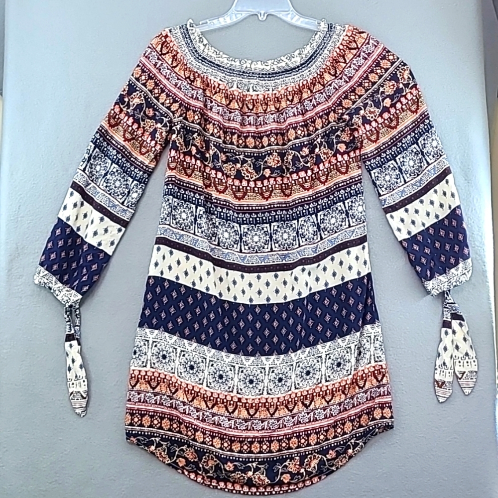 BEACH LUNCH LOUNGE Women's Boho Navy Coral‎ Long Sleeve Dress - Size Medium